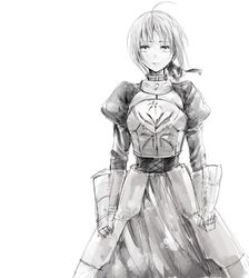  ahoge armor armored_dress dress fate/stay_night fate_(series) faulds gauntlets hair_ribbon monochrome nor_(reader13) puffy_sleeves ribbon saber solo 