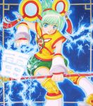  blue_eyes chinese_clothes detached_sleeves dragon_kid electricity green_eyes green_hair hat highres huang_baoling marker_(medium) ponytail short_hair shorts solo staff superhero thigh-highs thighhighs tiger_&amp;_bunny traditional_media w0ru 