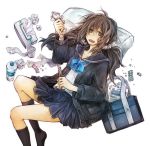  bandage bandages bottle boxcutter brown_hair copyright_request drugs fujiwara_akina kneehighs long_hair pill pillow ribbon school_uniform scrunchie scrunchies sweater tissue 