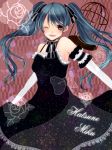  arm_garter bad_id birdcage black_dress cage character_name dress elbow_gloves gloves hatsune_miku long_hair pink_eyes ribbon_choker solo suke_(sukerin) sukerin twintails vocaloid wink 