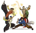  abs baggy_pants braid bridal_gauntlets brothers chinese_clothes crossover feng_wei fighting_stance kung_fu lei_wulong long_hair male multiple_boys muscle seeso2d shirtless siblings single_braid standing_on_one_leg street_fighter tekken yang_lee yun_lee 