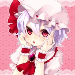  :p ascot bad_id brooch bust face hands_on_own_cheeks hands_on_own_face hat jewelry lavender_hair red_eyes remilia_scarlet short_hair solo tongue touhou wrist_cuffs yutazou 