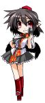  black_hair black_wings breasts brown_hair camera chibi geta hat hemogurobin_a1c red_eyes shameimaru_aya shirt short_hair skirt smile solo tengu-geta tokin_hat touhou wings 