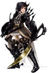  armor bad_id black_eyes black_hair dress h@ruichi horns pixiv_fantasia shield solo sword weapon 