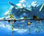  blue cloud from_behind green_hair gun house machine original pullover railroad_crossing railroad_signal reflection scenery school_uniform science_fiction skirt socks solo water weapon yellowish 