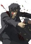  battle black_hair blood blood_on_face bullet dual_wielding emiya_kiritsugu facial_hair fate/stay_night fate/zero fate_(series) gun injury long_coat male mouth_hold necktie sexy44 shell_casing short_hair solo stubble thompson_contender torn_clothes trench_coat weapon 