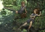  bag barefoot book brown_eyes brown_hair creature feet_in_water forest kureta_(nikogori) lying midriff multiple_girls nature nikogori-mattyaduke on_back original plant river school_bag school_uniform shade shirt shorts sitting sleeping slime smile soaking_feet water 