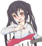  black_hair blush brown_eyes guitar instrument k-on! long_hair nakano_azusa naz open_mouth plectrum solo twintails wet wet_clothes 