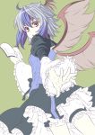  1girl :o bad_id blue_hair book face foreshortening frills hands horns looking_back multicolored_hair ogino_(oginogino) outstretched_hand red_eyes short_hair silver_hair simple_background solo tokiko_(touhou) touhou two-tone_hair wings 