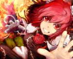  bandage bandages breasts bun_cover chain chains chinese_clothes cuffs double_bun flower grin hair_bun hands ibara_kasen ibaraki_kasen looking_at_viewer open_hand pink_eyes pink_hair pink_rose rose shackle short_hair skirt smile solo touhou twilightrain 