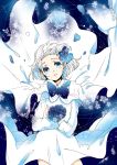  bad_id blue blue_eyes bob_cut cape dress flower hair_flower hair_ornament holding koto2 looking_at_viewer open_mouth original petals ribbon short_hair solo surprised tears white_dress white_hair wind 