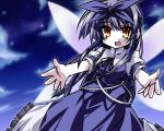  black_hair bow breasts dress fairy hair_bow hemogurobin_a1c long_hair night night_sky open_mouth outstretched_arms ribbon sky smile solo star_(sky) star_sapphire touhou wings yellow_eyes 