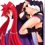  arcana_heart arcana_heart_3 bent_over boots breasts cape denim denim_shorts detached_sleeves grin leg_up long_hair profile red_eyes red_hair redhead scharlachrot shorts skindentation smile solo twintails very_long_hair 