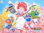  90s arms_up gloves goggles goggles_on_head gwinbee jumping jumpsuit konami light_(twinbee) mint-herb_(twinbee) official_art pastel_(twinbee) twinbee winbee 