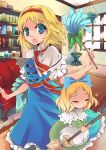  alice_margatroid apron blonde_hair blue_eyes book bookshelf box broom capelet carpet closed_eyes couch doll dress dustcloth eyes_closed hairband holding jar lace open_mouth plant sash short_hair solo touhou vase window yuu_(kfc) yuu_(kfc)dustcloth 