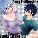  bad_id bespectacled blue_hair casual contemporary fairy_tail glasses gray_fullbuster grin jewelry juvia_loxar natto-mochi necklace purple-framed_glasses shorts smile sweater 