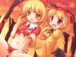  aki_minoriko aki_shizuha apron autumn_leaves blonde_hair blush breasts dissolving_clothes food fruit grapes hair_ornament hat highres lzh midriff multiple_girls navel no_bra open_mouth panties red_eyes shirt siblings sisters sitting skirt sweatdrop touhou underboob underwear wariza white_panties yellow_eyes 