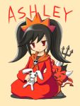  ashely ashley black_hair character_name demon_tail dress highres mini_demon nyamo85 polearm red_(warioware) red_eyes shawl simple_background sitting skull spear stuffed_animal stuffed_bunny stuffed_toy tail trident twintails warioware weapon 