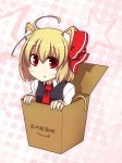  :&lt; ahoge amazon_(company) animal_ears blonde_hair bow box cardboard_box cat_ears cat_tail chibi earlgrey fingernails girl_in_a_box hair_bow hair_ribbon in_box in_container kemonomimi_mode long_fingernails no_nose pun red_eyes ribbon rumia shirt short_hair solo tail the_embodiment_of_scarlet_devil touhou vest youkai 
