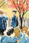  asaba_yuuki asaba_yuuta backpack bag black_hair brown_hair child closed_eyes eyes_closed glasses hotta_kiichi kimi_to_boku leaf male matsuoka_shun multiple_boys official_art outdoors randoseru running scenery school_uniform short_hair traditional_media tree tsukahara_kaname walking watercolor_(medium) young 