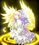  dress feathers glowing happy highres long_hair myaaco purple_hair sitting wings yellow_eyes 