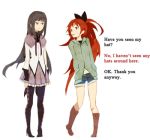  akemi_homura argyle artist_request boots bow capelet denim english hair_bow high_heels i_want_my_hat_back long_hair lowres mahou_shoujo_madoka_magica multiple_girls pantyhose parody pleated_skirt pocky ponytail purple_eyes red_eyes red_hair redhead ribbon sakura_kyouko shoes simple_background skirt tribute violet_eyes white_background 