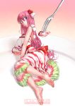  barefoot blue_eyes cake cannibalism dress feet food food_as_clothes food_themed_clothes fork fruit hair_ornament kazeto megurine_luka minigirl objectification on_side pink_hair solo strawberry vocaloid vore what 