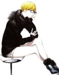  blonde_hair chin_rest fur_trim glasses high_heels legs original sawasawa shoes short_hair shorts sitting solo sweater 