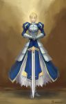  ahoge armor armored_dress blonde_hair closed_eyes dress excalibur eyes_closed fate/stay_night fate_(series) faulds puffy_sleeves realistic saber sunmoon911 sword weapon 
