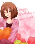  ahoge bad_id brown_eyes brown_hair hair_ornament hairclip happy_birthday heart hirasawa_yui k-on! naru_(andante) pillow solo wink 