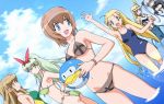  alternate_costume android arnval ball beach bikini blonde_hair blue_eyes bow brown_hair busou_shinki cross diol_twee dutch_angle esmeralda_(otomedius) green_eyes green_hair grey_eyes kokoro_belmont madoka_(otomedius) mermaid mermaid_costume monster_girl multiple_girls otomedius otomedius_excellent parodius pentarou red_eyes ribbon strarf swimsuit white_hair 