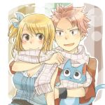  blonde_hair blush breasts cat cleavage couple erinan fairy_tail happy_(fairy_tail) hug lucy_heartfilia natsu_dragneel pink_hair scarf shared_scarf side_ponytail smile 