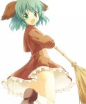  :d animal_ears ass bamboo_broom bloom broom dog_ears dress francis_(ohne) green_eyes green_hair kasodani_kyouko looking_back open_mouth short_hair smile solo tareme touhou white_background wind_lift 
