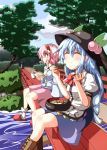  blue_hair blush bowl bridge chopsticks closed_eyes cup eating eyes_closed food fruit hairband hat heart hinanawi_tenshi holding komeiji_satori long_hair multiple_girls ominaeshi_(takenoko) peach pink_eyes pink_hair river shirt short_hair sitting skirt slippers smile touhou tree 