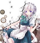  ace ahoge apron between_fingers bow braid card card_in_mouth gears hair_bow izayoi_sakuya knife maid maid_headdress mouth_hold playing_card pocket_watch purple_eyes shirt silver_hair slip_skirt solo tanemaki_shirura throwing_knife touhou twin_braids violet_eyes watch weapon 