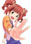  :d face foreshortening green_eyes hands idolmaster issei long_hair open_\m/ open_mouth orange_hair overalls red_hair smile solo takatsuki_yayoi twintails yellow_eyes 