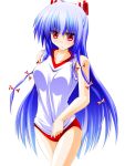  blush bow buruma engo_(aquawatery) fujiwara_no_mokou fujiwara_no_mokou_(cosplay) gym_uniform hair_bow hair_ribbon kamishirasawa_keine long_hair red_eyes ribbon shirt_tug silver_hair touhou very_long_hair 