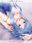  arm_up bad_id blue_eyes blue_hair blush breasts cleavage fairy_tail juvia_loxar lying natto-mochi on_back snowflakes solo strap_slip upside-down 
