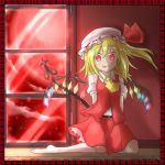  :p ascot blonde_hair blush flandre_scarlet full_moon hat laevatein moon nobamo_pieruda red_eyes red_moon ribbon side_ponytail skirt socks solo the_embodiment_of_scarlet_devil tongue tongue_out touhou window wings 
