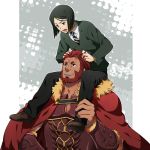  armor bangs beard black_hair bob_cut cape carrying facial_hair fate/stay_night fate/zero fate_(series) green_eyes male multiple_boys necktie open_mouth parted_bangs piggyback red_eyes red_hair redhead rider_(fate/zero) shoulder_carry waver_velvet yun_(neo) 