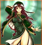  alternate_costume arm_up bare_legs blue_eyes bracelet braid breasts chinese_clothes colored hat highres hong_meiling jewelry ledjoker07 lips long_hair red_hair redhead ring side_slit simple_background solo touhou twin_braids very_long_hair 
