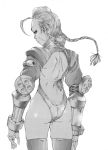  ahoge ass bare_back braid butt_crack cammy_white capcom fingerless_gloves from_behind garrison_cap gloves hat highleg highleg_leotard leotard long_hair looking_back monochrome scar skindentation solo street_fighter street_fighter_zero sumita_kazuasa thigh-highs thighhighs thong_leotard twin_braids 