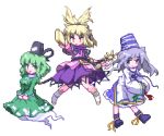  blonde_hair bow dress earmuffs ghost ghost_tail green_dress green_eyes green_hair grey_eyes grey_hair hat headphones japanese_clothes kou_2008 lowres mononobe_no_futo multiple_girls ofuda pixel_art red_eyes ribbon ritual_baton sheath sheathed skirt soga_no_tojiko sword tate_eboshi touhou toyosatomimi_no_miko transparent_background weapon 