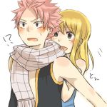  1boy 1girl :d blonde_hair blush couple erinan fairy_tail lucy_heartfilia natsu_dragneel open_mouth pink_hair scarf smile surprised 