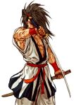  1boy capcom_vs_snk_2 haohmaru haomaru haoumaru japanese_clothes katana long_hair muscle nishimura_kinu official_art ponytail samurai samurai_spirits scabbard sheath snk solo sword weapon 