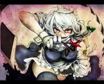  bow braid breasts cleavage crazy_eyes frills gloves izayoi_sakuya knife large_breasts maid maid_headdress nekomizu panties pantyshot pocket_watch red_eyes ribbon short_hair silver_hair skirt solo the_embodiment_of_scarlet_devil thigh-highs thighhighs throwing_knife touhou underwear watch weapon wrist_cuffs 