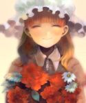  bangs blunt_bangs bouquet brain-m brown_hair closed_eyes copyright_request daisy eyes_closed flower hat red_rose rose short_hair smile solo 