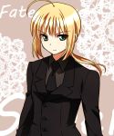  ahoge blonde_hair fate/stay_night fate/zero fate_(series) formal green_eyes jewelry long_hair necklace pant_suit ponytail saber solo suit yukito_mayumi 