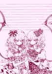  2girls ascot bow brooch dated embellished_costume expressionless eyelashes flandre_scarlet frills hair_bow hand_holding holding_hands interlocked_fingers jewelry lace miri monochrome multiple_girls no_hat no_headwear no_nose puffy_sleeves remilia_scarlet short_hair short_sleeves siblings side_ponytail signature sisters touhou traditional_media wings 