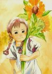  akage_no_anne anne_of_green_gables anne_shirley braid child flower freckles green_eyes light_smile realistic shizenkaiki short_sleeves smile solo sunflower tein_braids traditional_media twin_braids watercolor_(medium) world_masterpiece_theater 